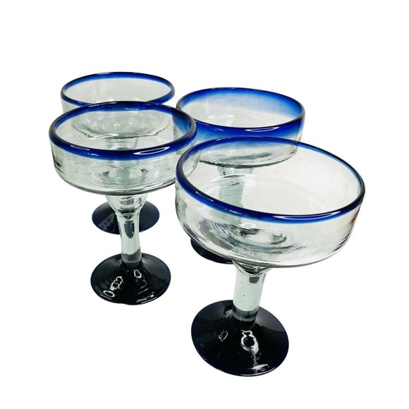 Margarita Glass Set Mexican Hand Blown Heavy Cobalt Blue Rim & Foot 16oz 4 pc - Picture 2 of 7